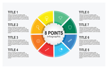Fototapeta premium 8 points Infographic concept. Vibrant Eight Point Color Wheel Infographic With Central Hub.