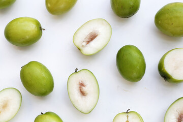 Green jujube fruits on white background.