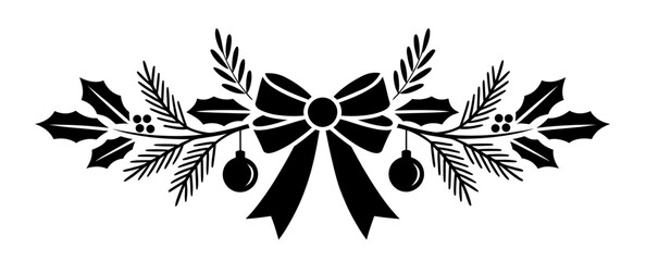 Black and white vector illustration of Christmas bow with holly leaves and pine branches silhouette for festive border and holiday decoration design