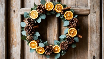Festive winter wreath made with natural dried orange slices, pinecones, eucalyptus, and cinnamon sticks hanging on a wooden door