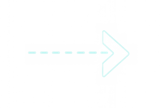 Neon glowing arrow pointer indicating direction, moving right, dashed line path, transparent background