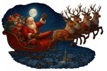Santa claus flying sleigh with reindeer bringing christmas presents, delivering gifts over a snowy village at night, transparent background