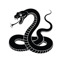 Black cobra snake coiled with forked tongue and white outline details serpent reptile.