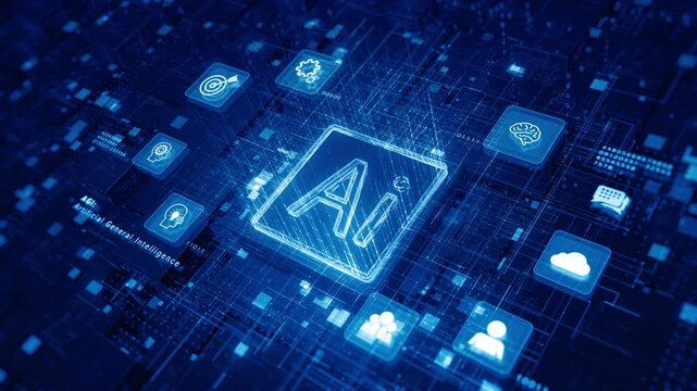 Artificial Intelligence microchip with digital interface icons on blue futuristic circuit board, AGI and data network concept - Powered by Adobe