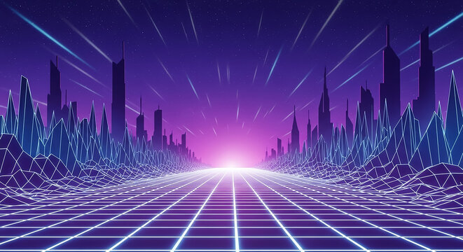 Synthwave road grid with futuristic cityscape background