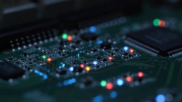 Electronic Circuit Board with Glowing LEDs: Technology and Innovation