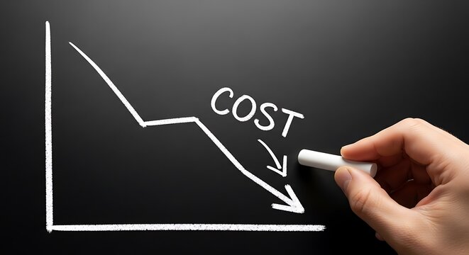 Hand drawing a downward trending graph labeled cost on a blackboard, representing cost reduction