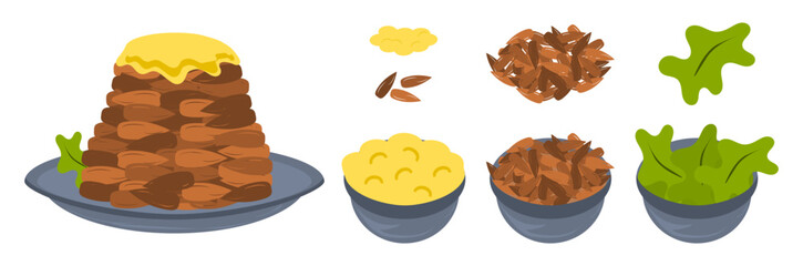 Vector cartoonish food dishes of pudding  with ingredient dish and isolated spices of almond, butter icing and mint leaves