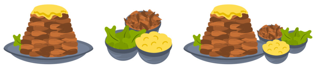 Vector cartoonish food dishes of pudding  with ingredient dish of almond, butter icing and mint leaves