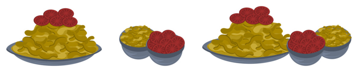 Vector cartoonish food dishes of pasta cuisine with tomatoes. Including isolated ingredient dishes