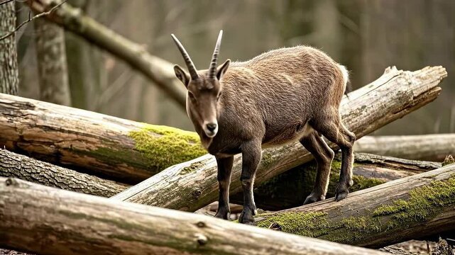 Majestic wild goat standing on mossy fallen logs in a natural forest habitat, looking directly at the camera