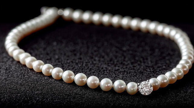 A single strand of pearls arranged in curves on black velvet with soft lighting. 