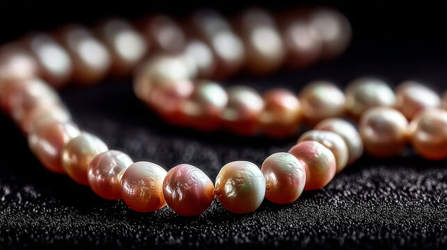 A single strand of pearls arranged in curves on black velvet with soft lighting. 