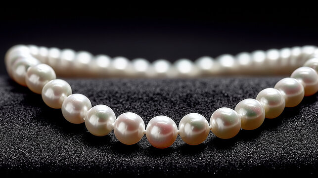 A single strand of pearls arranged in curves on black velvet with soft lighting. 