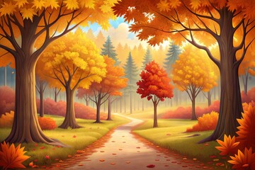 Peaceful Autumn Forest Pathway with Golden Trees and Colorful Falling Leaves illustration.