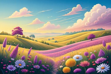 Colorful Wildflower Meadow with Rolling Hills and Blue Sky Summer Landscape illustration.