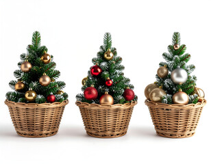Three miniature Christmas trees decorated with ornaments, set in woven baskets against white background.