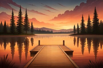 Peaceful Lakeside Sunset with Wooden Dock and Pine Tree Reflections illustration.