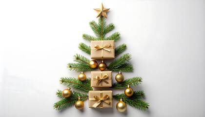 Christmas tree arrangement with fir branches, gifts wrapped in brown paper with gold ribbons, and gold ornaments, topped with a gold star.