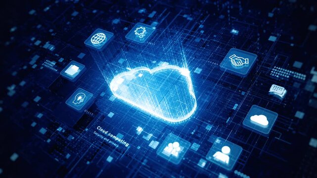 3D render of a glowing cloud icon on digital circuit board background, symbolizing cloud computing, data storage and digital connectivity. Technology abstract background