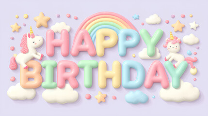 Naklejka premium Festive Birthday Wishes: A colorful and whimsical illustration spells out Happy Birthday, adorned with playful unicorns, stars, a rainbow, and fluffy clouds, perfect for celebrating. 