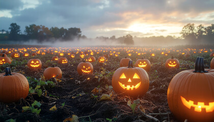 Lit Jack-o'-lanterns glow in a pumpkin patch field under a cloudy, dusky sky.