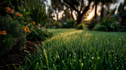 Vibrant spring garden with golden sunlight filtering through trees and glistening dewdrops on lush green grass. 