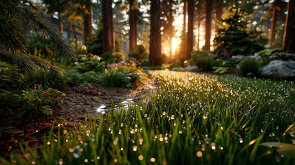 Vibrant spring garden with golden sunlight filtering through trees and glistening dewdrops on lush green grass. 