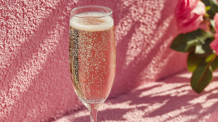 Glass of rose sparkling wine on a pastel pink background, captured from above with soft shadows and studio lighting. 