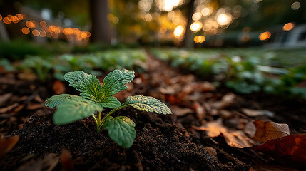 Young sapling emerging from rich soil, sunlight filtering through leaves in a detailed macro view. 