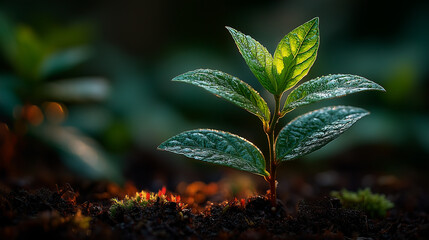 Young sapling emerging from rich soil, sunlight filtering through leaves in a detailed macro view. 