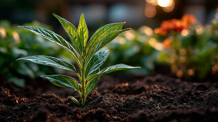 Young sapling emerging from rich soil, sunlight filtering through leaves in a detailed macro view. 