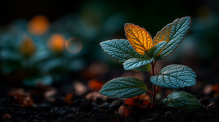 Young sapling emerging from rich soil, sunlight filtering through leaves in a detailed macro view. 