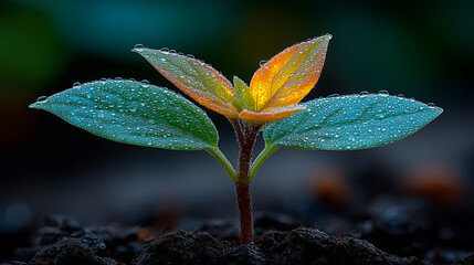 Young sapling emerging from rich soil, sunlight filtering through leaves in a detailed macro view. 