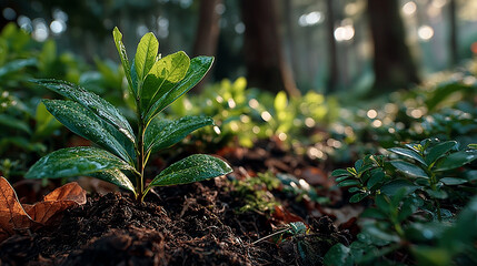 Young sapling emerging from rich soil, sunlight filtering through leaves in a detailed macro view. 