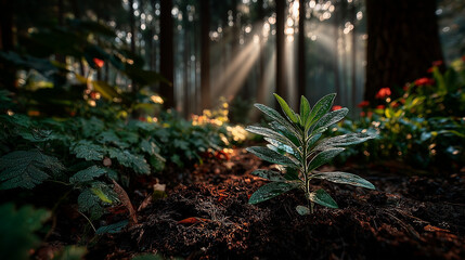 Young sapling emerging from rich soil, sunlight filtering through leaves in a detailed macro view. 