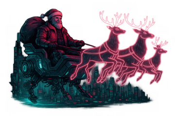 Cyberpunk santa claus flying futuristic sleigh with neon reindeer over futuristic city, transparent background