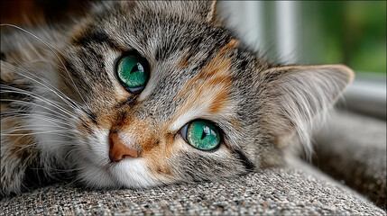 Adorable tabby cat curled up on neutral-toned fabric, bathed in soft window light. 