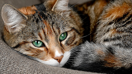Adorable tabby cat curled up on neutral-toned fabric, bathed in soft window light. 