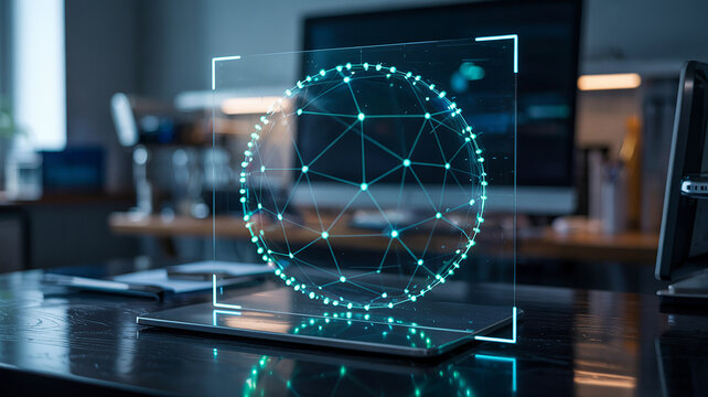 Holographic 3D globe network projection on a tablet in a modern office setting image photo
