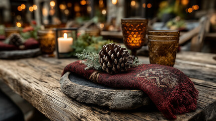 A rustic wooden table setting with burgundy napkins and a pinecone centerpiece, glowing warmly.