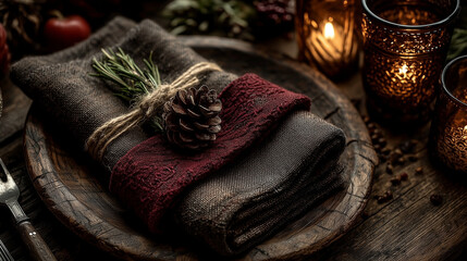 A rustic wooden table setting with burgundy napkins and a pinecone centerpiece, glowing warmly.
