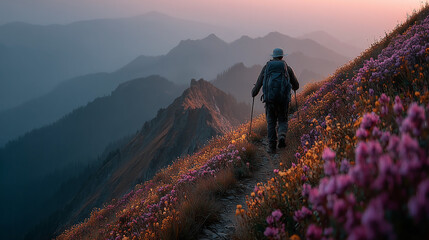 Lone traveler with backpack on narrow misty mountain trail. 