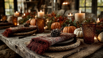 A rustic wooden table setting with burgundy napkins and a pinecone centerpiece, glowing warmly.