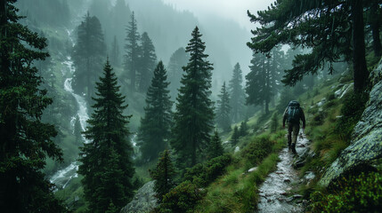 Lone traveler with backpack on narrow misty mountain trail. 