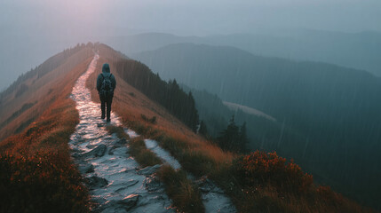 Lone traveler with backpack on narrow misty mountain trail. 
