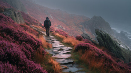 Lone traveler with backpack on narrow misty mountain trail. 
