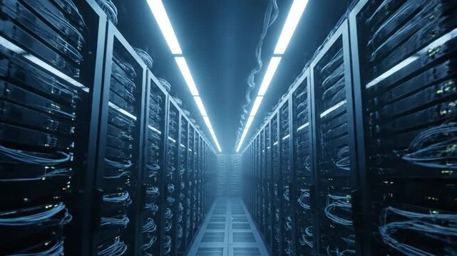 Dynamic Data Center: Glowing Server Racks, Network Cables, and Digital Infrastructure