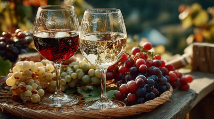 Glasses of red and white wine with ripe grapes on a wooden table in a rustic vineyard setting. 