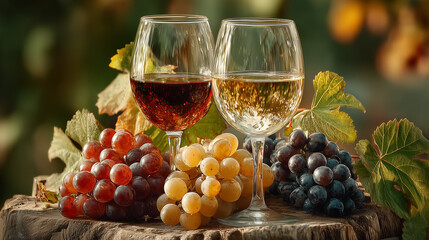 Glasses of red and white wine with ripe grapes on a wooden table in a rustic vineyard setting. 
